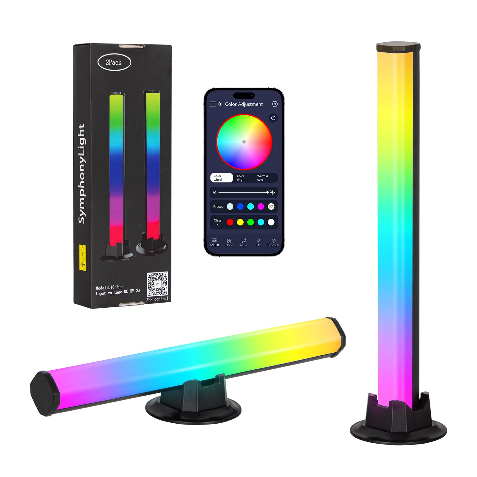Todeco Smart LED RGB Lampe Gaming, Lot de 2 RGB Lampe Bureau avec Effets D'éclairage Multiples, Sync avec Musique TV, Control par APP, Lumière D'ambiance pour TV, PC, Décoration de Chambre, Bureau