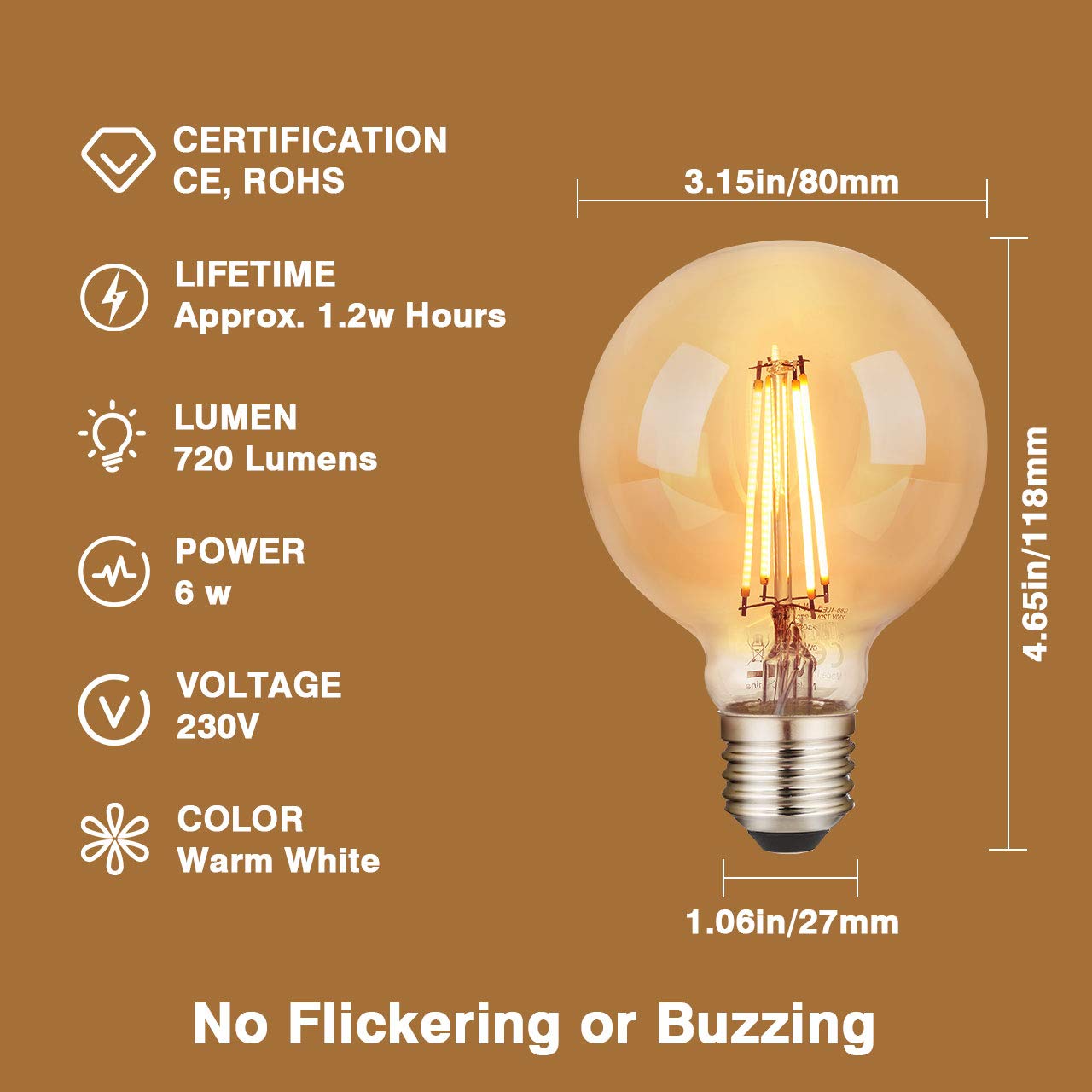 Edison Vintage Glühbirne, 6PCS G80 E27 LED Filament Retro Glühbirne, 6W 2700K Antike Nostalgie Beleuchtung Lampe Warmweiß, Ideal für Café Restaurant Bar Haus