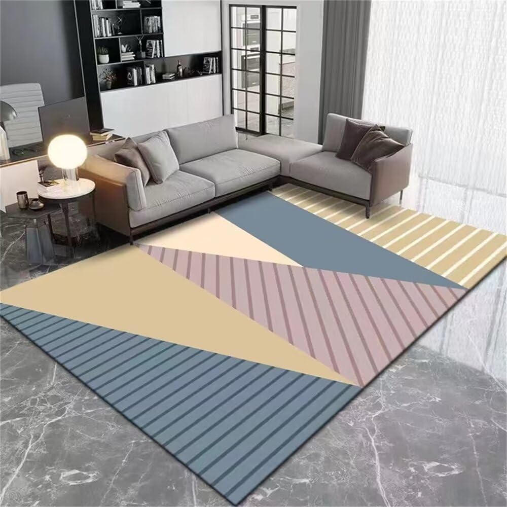 Tapis de salon lavable bleu 160x240cm à lignes géométriques pour chambre