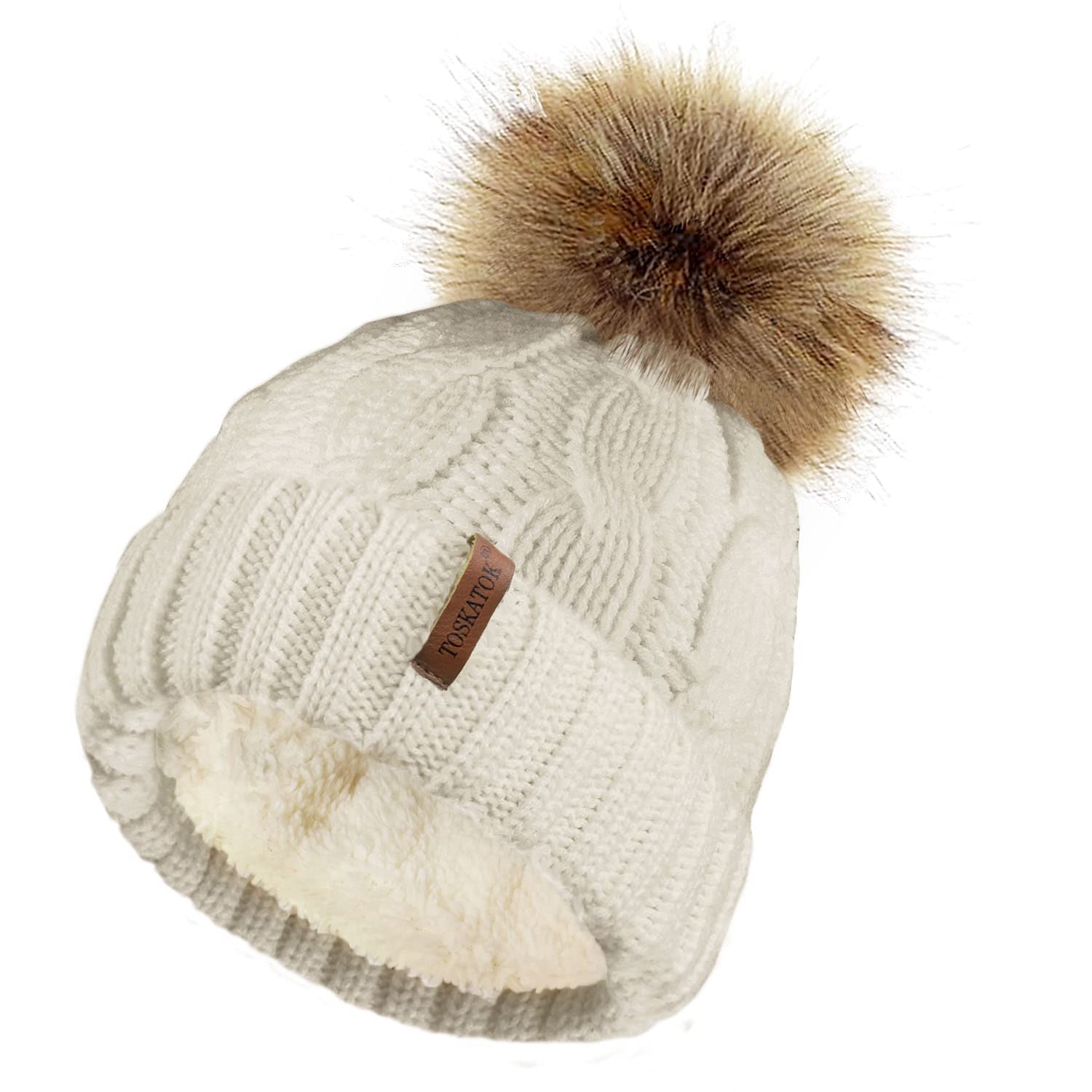 Toskatok Women's Natural Chunky Soft Cable Knit Hat With Cosy Fleece Liner And Detachable Faux Fur Pompom