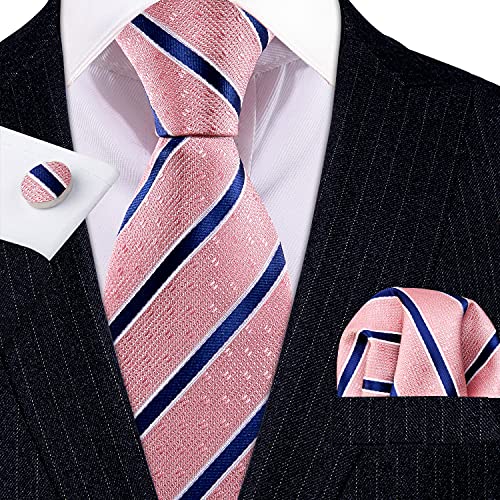 Image of Barry.Wang Man Stripe Ties Set Silk Woven Pocket Square Necktie Cufflinks Formal Party Business