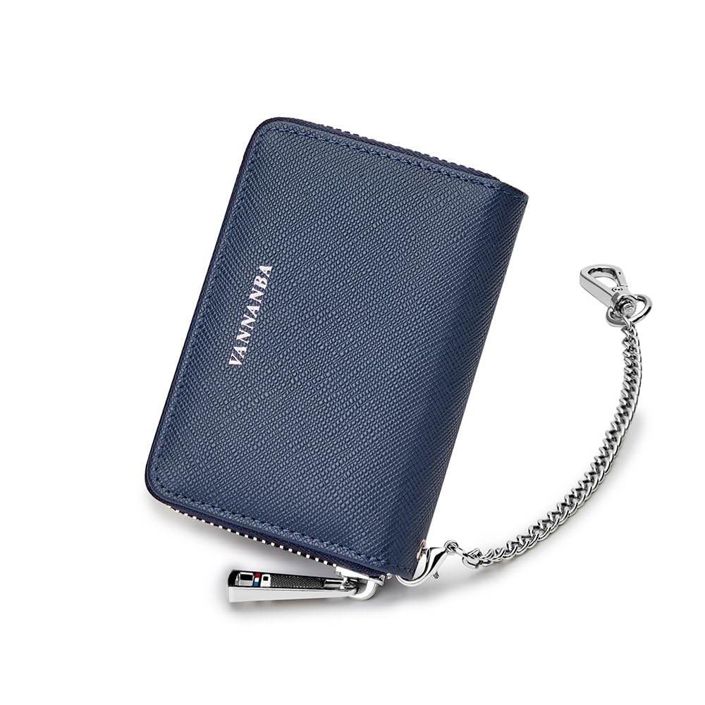 VANNANBA Chain Wallet Zipper Large Capacity Organizer Accordion Wallet Genuine Leather Purse RFID Blocking Wallet for Men,blue10