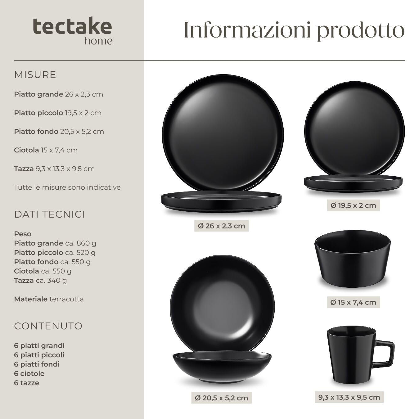 tectake®, Set cucina completo, 45 pezzi, set servizio piatti per 6 persone, per microonde, moderni, 6 ciotole, tazze, 18 piatti eleganti, 2 pentole, casseruole, padelle antiaderenti, coperchi - Nero