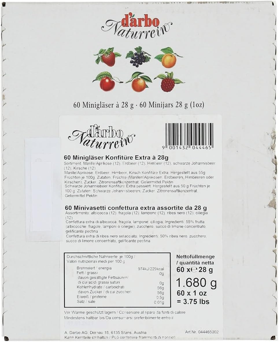 Darbo, Confetture Naturrein Assortite, Confettura in Mini Vetro, Marmellate Monodose Miste per Colazione, Albicocca, Ciliege, Lamponi, Ribes Nero, Fragole, Formato Convenienza, 60 Confetture da 28 g
