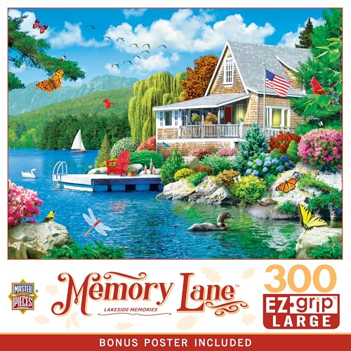 Image of MasterPieces Memory Lane Lakeside Memories Cabin Lake Large EZ Grip Jigsaw Puzzle by Alan Giana, 300-Piece