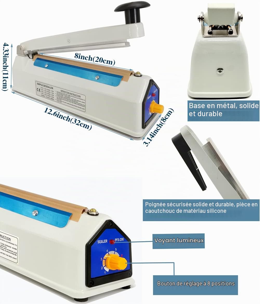 Thermoscelleuse Machine 200mm Scelleuse de Sacs en Plastique PP PE, Scelleuse à Impulsions, Largeur de joint de 5mm, 220V Impulse Bag Heat Sealer,8 Pièces Supplémentaires,Chiffon de remplacement de 5m