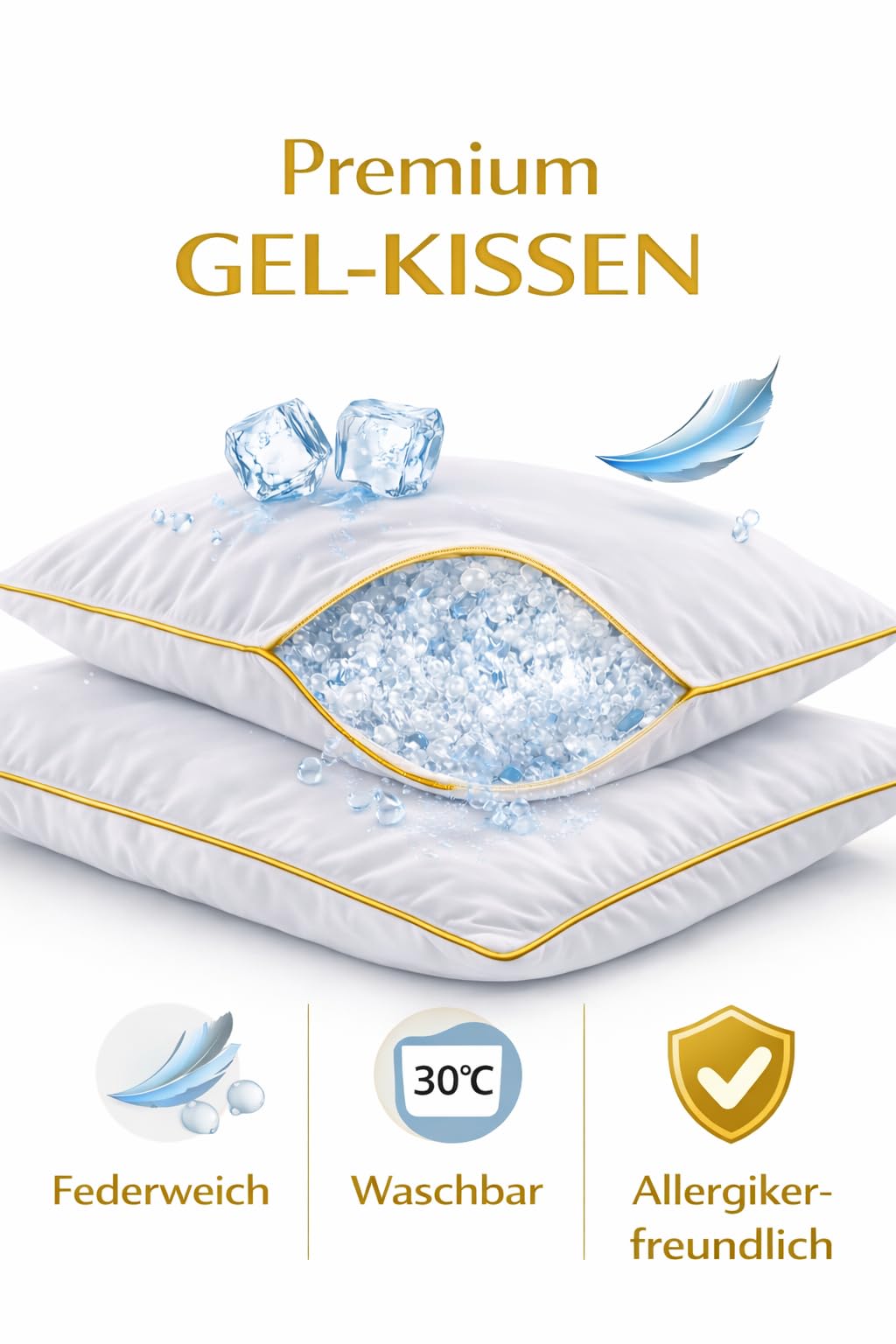 ELY PARKER Kissen Kopfkissen gegen Nackenschmerzen Gold Nano Gel Hotel Qualität 50x70 Allergikergeeignet Daunen Alternative 100% Baumwolle Waschbar (2er)