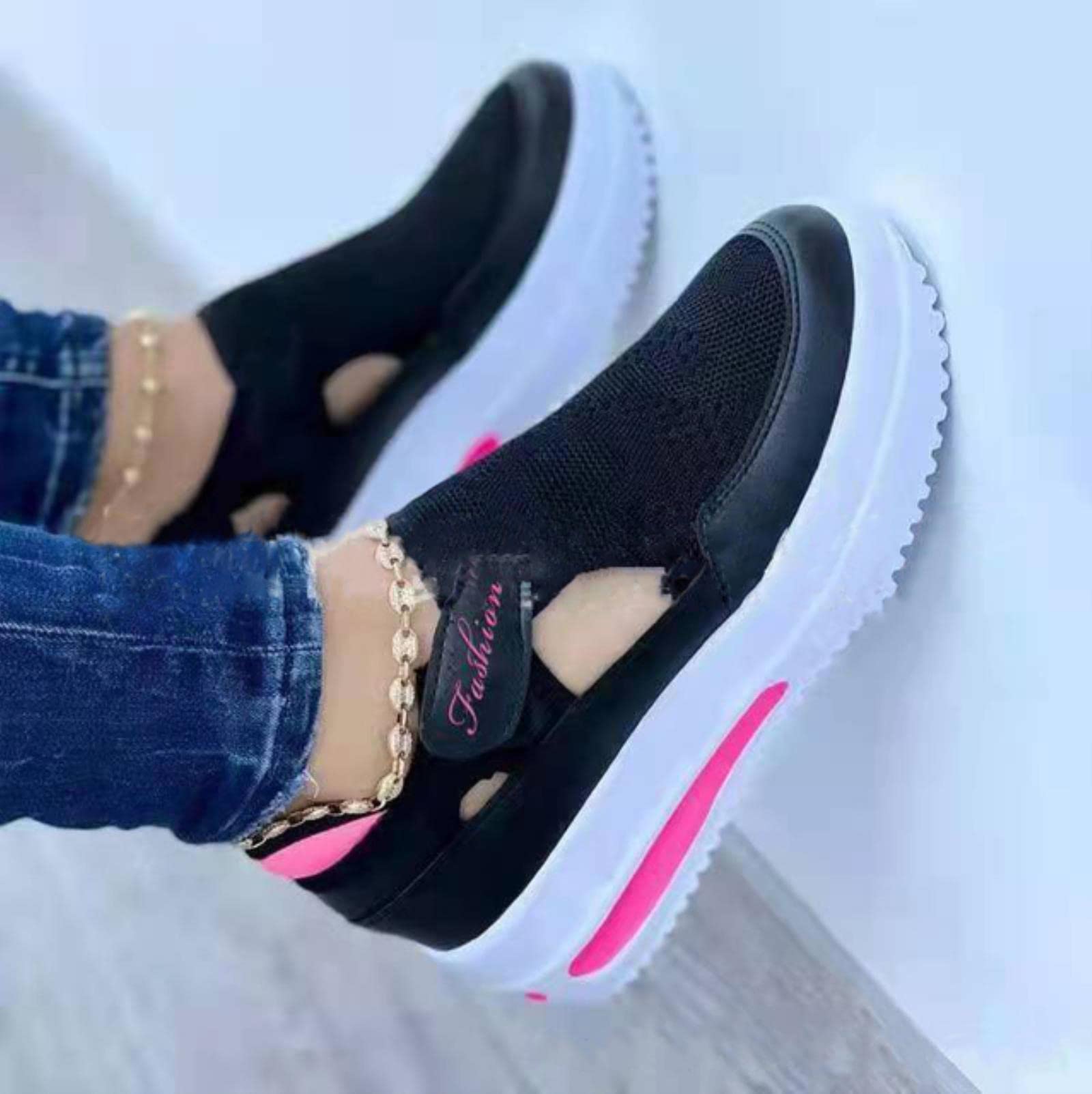 Ecoodisk Breathable Platform Sneakers Womens Shoes Fashion Wedge Casual Sports Shoes Woman-Black,35