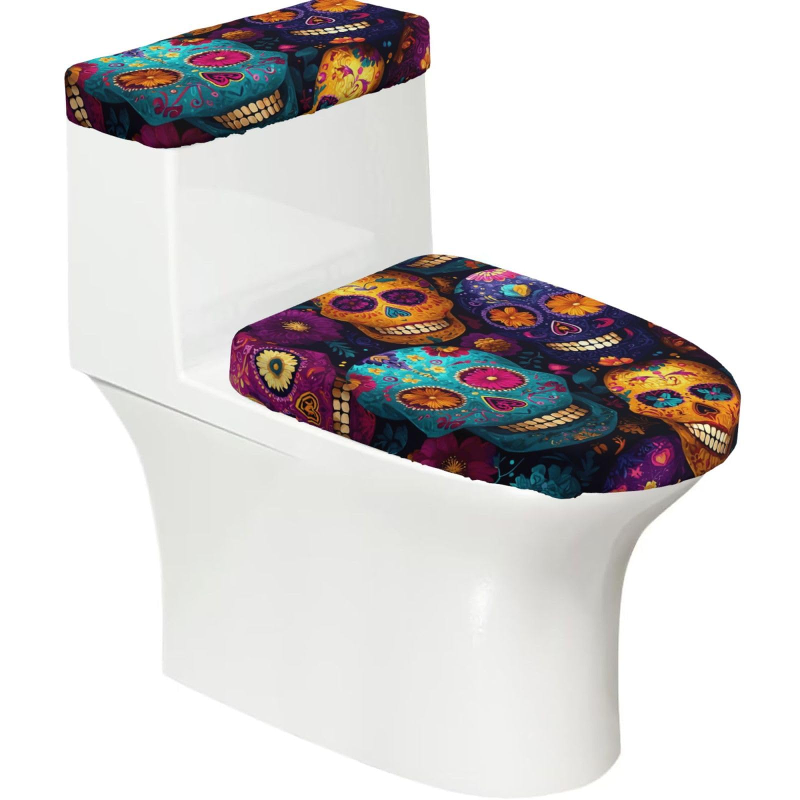 X Psblty Sugar Skulls Print Toilet Seat Cover Set 2 Piece Bathroom Decor Toilet Lid Cover With Tank Top Cover Stretch Fit Soft Fabric For Home 15-21 Inch