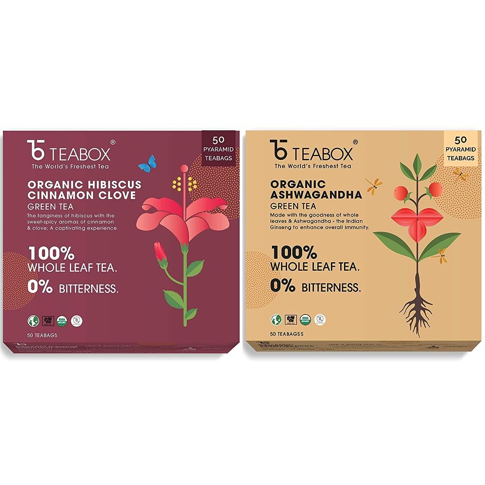 Teabox Organic Hibiscus Cinnamon Clove Green Tea Bags 50 pcs | Immune System Booster and Weight Management | Natural Hibiscus, Cinnamon & Clove & Teabox Organic Ashwagandha Green Tea 50 Teabags