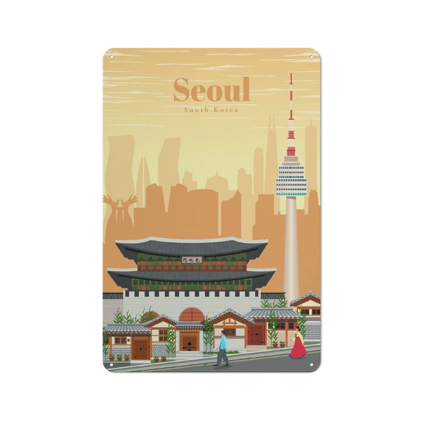 Junmoney Travel To Seoul Vintage Tin Sign 30X20cm For Home Bar Wall, For Collectors Of Vintage Metal Wall Decor