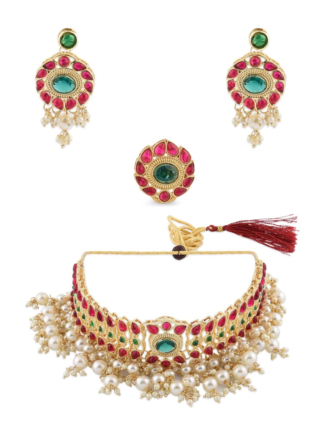 Green & Pink Cluster Pearl Choker Necklace Earring & Ring Set For Women-ZPFK11445