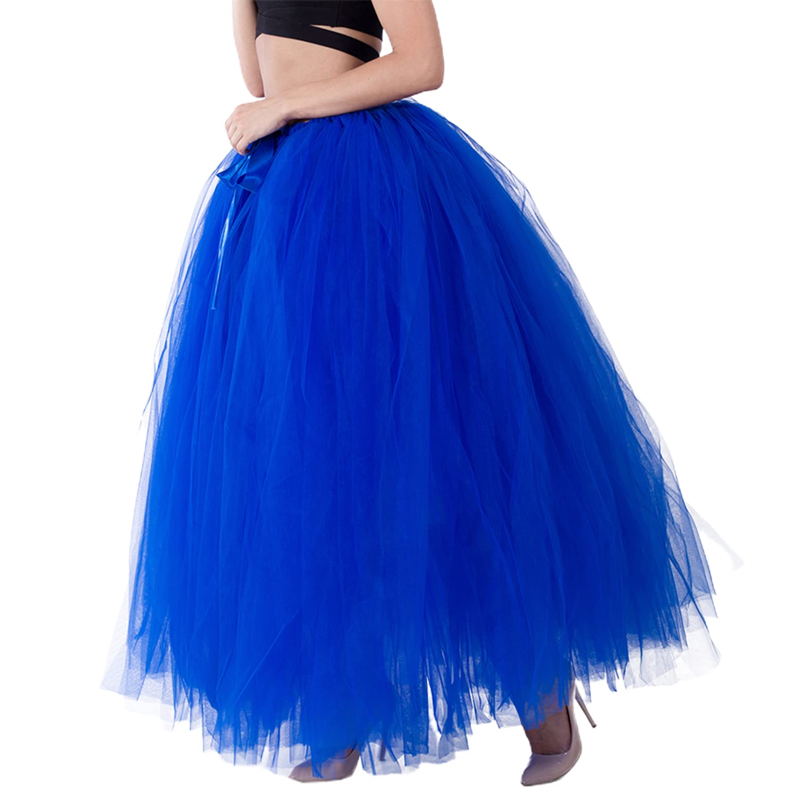 Falda larga tutú de cintura alta con capas de tul maxi faldas hinchadas hasta el suelo, boda, fiesta, con cinturón Bowknot, zafiro, Talla única