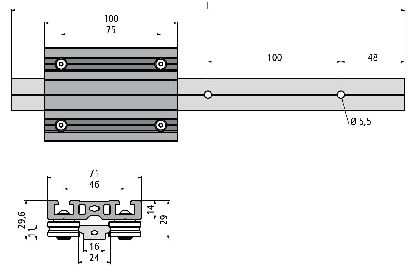 Linear carro con 4 Rodamiento Ruedas de Plástico 100 mm de largo, LWK 6 – 24