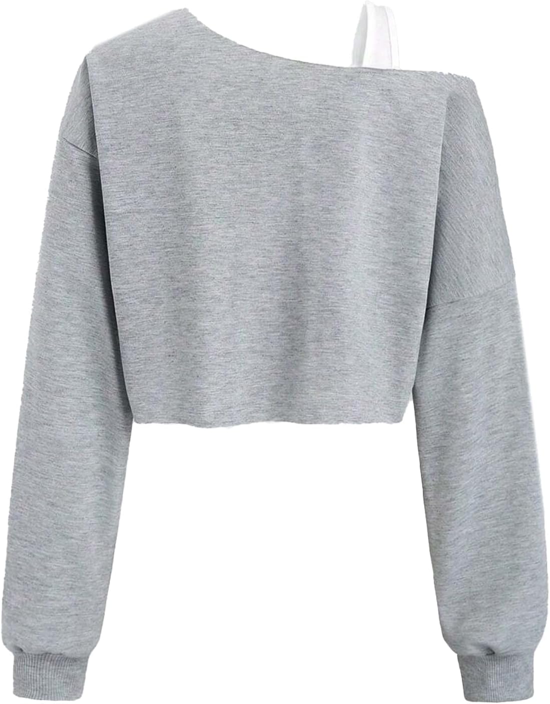 Remidoo Womens Off The Shoulder Cropped Sweatshirt Asymmetric Collar Patchwork Long Sleeve Pullover Top Grey X-Large - Image 3