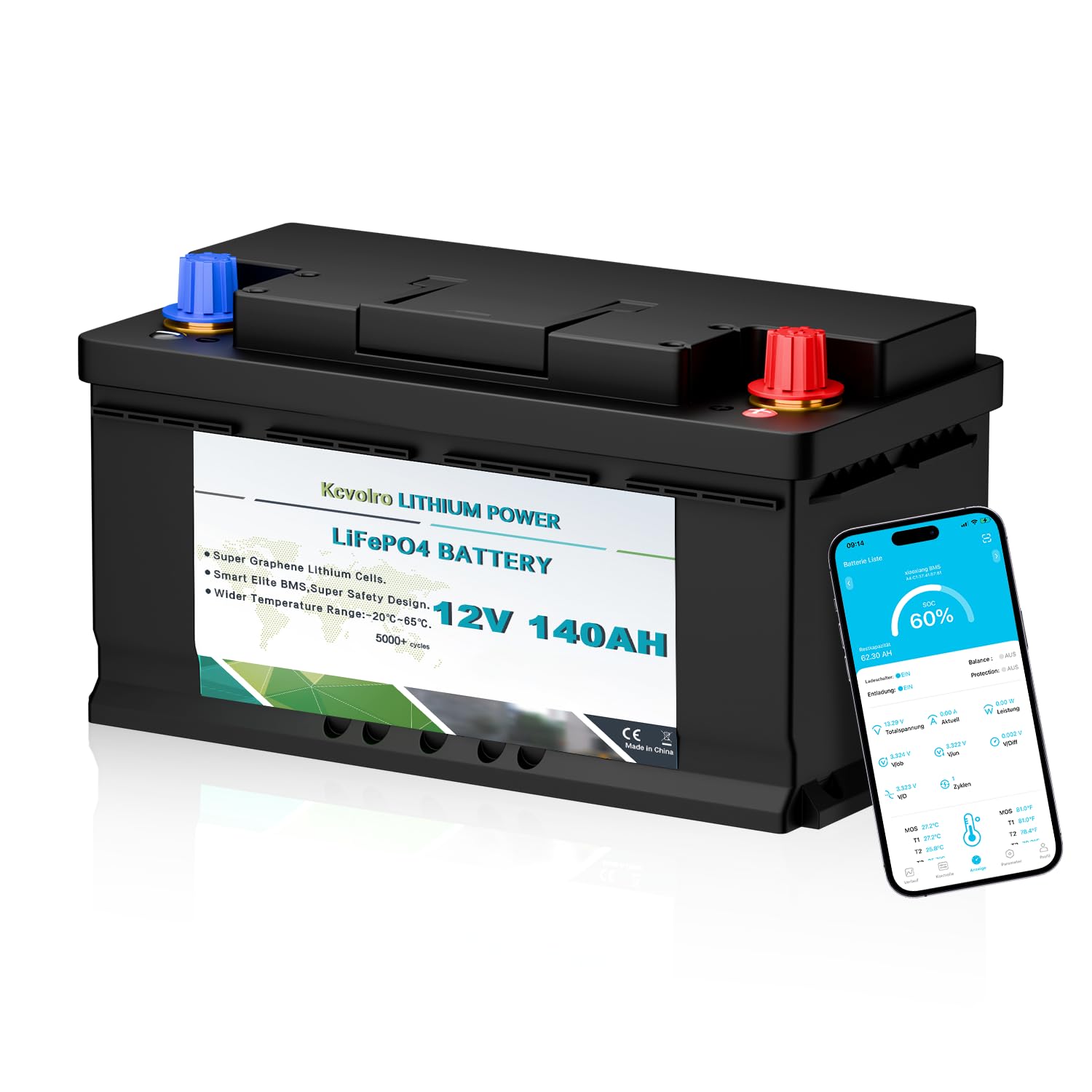 Batería de litio LiFePO4 de 12V y 140 Ah, monitorización mediante aplicación, BMS de 150 A, batería de ciclo profundo para autocaravanas y sistemas solares, barcos y caravanas fuera de la red.