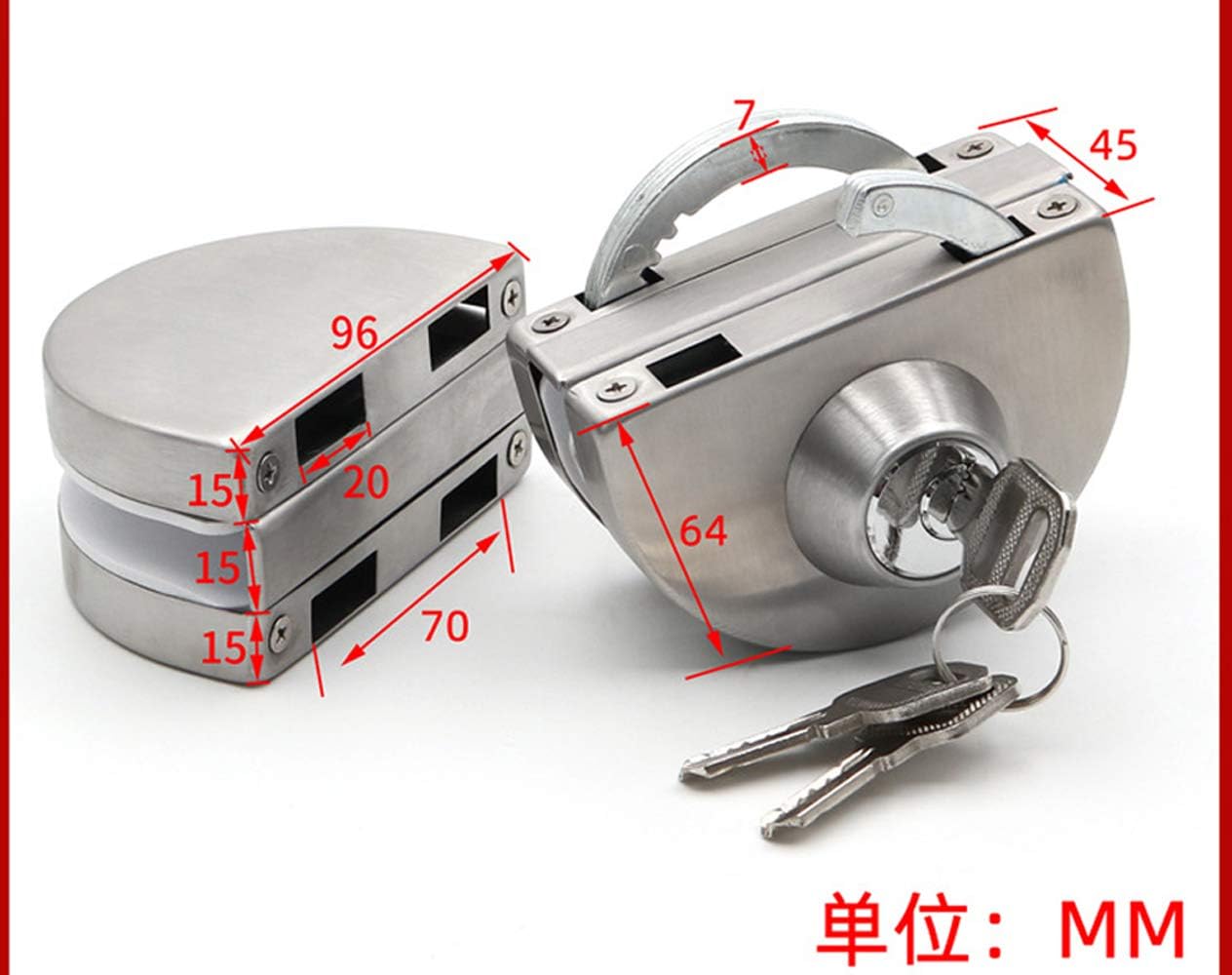 Glass Door Lock, Home, Office Single Door Lock, Fits on 1/2" Glass,10 mm -12 mmglass Door no Drill Anti-Theft Security Lock, Double Swing Hinged Frameless Push Sliding Gate Lock with 3 Keys