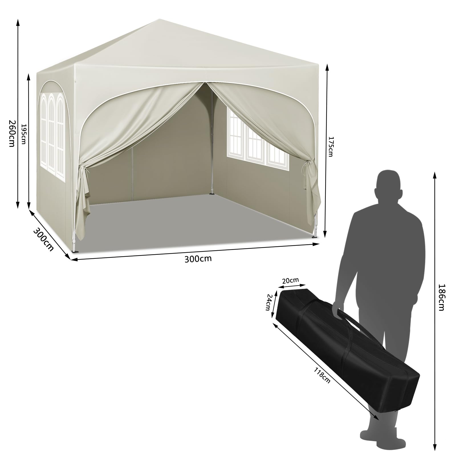 WOLTU Gazebo Pieghevole da Giardino, Gazebo Idrorepellente Pop Up da 3x3m Pannelli Laterali, Tendone Esterno, Altezza Regolabile, Protezione UV, con Custodia Beige
