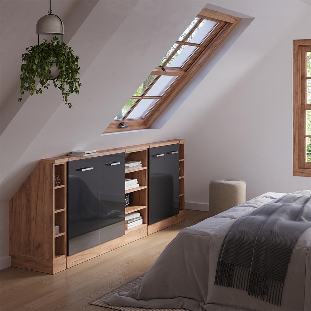 Vicco Ensemble de Meuble sous Pente Rion Anthracite Brillant/Chêne doré | L210 x P46 cm , Lot de 5, gain de place pour les pièces mansardées
