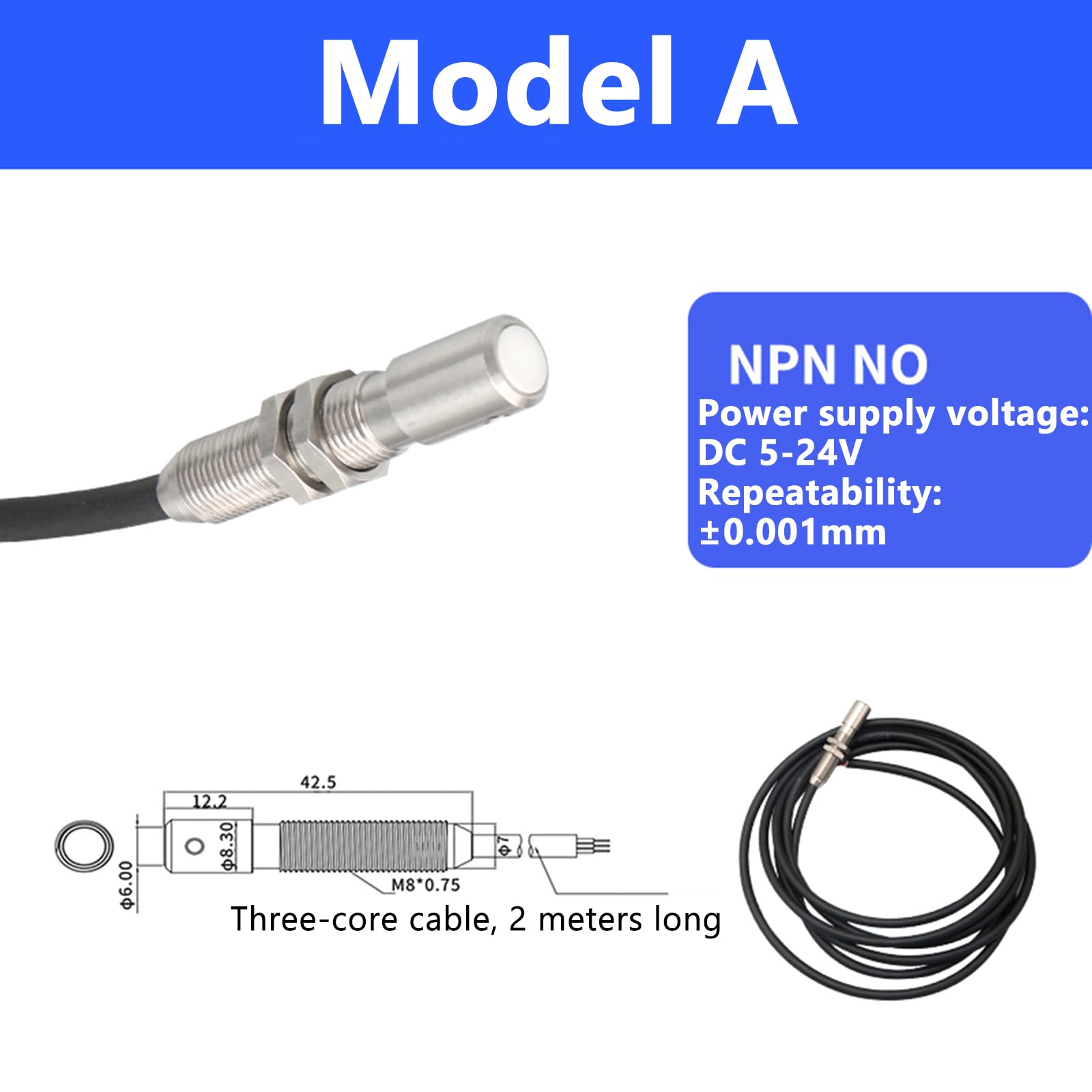 Sensore di prossimità induttivo NPN NO, sensore di contatto di precisione, ripetibilità 0,001 mm, ideale per diametro dell'albero e produzione di vetro