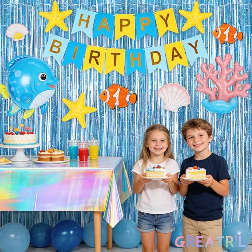 Image of Blue Tinsel Curtain Party Backdrop - GREATRIL Foil Curtain Party Photo Streamers Backdrop for Frozen /Mermaid /Under Sea /Baby Party Decorations - Pack of 2