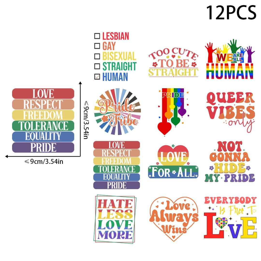 12 Sheets Pride Month, Gay Pride Month LGBTQ, LGBTQ Pride Month Iron on Decals for Clothing HTV Stickers Printable Heat Transfer Vinyl Transfers Patches for Jackets Hat Backpack DIY Craft (P3)