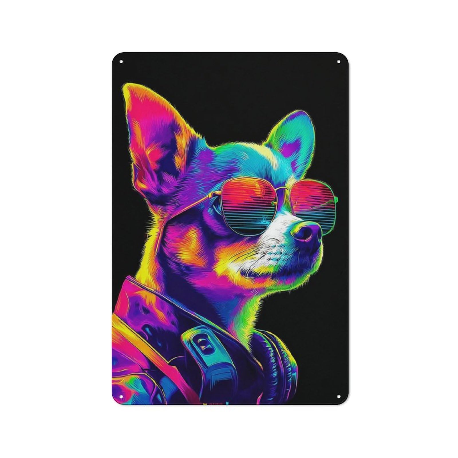 Junmoney Vibrant Neon Dog Portrait -2 Tin Wall Plaque 30X20cm With For Hallway Wall, With Clear Retro Wall Decor Character