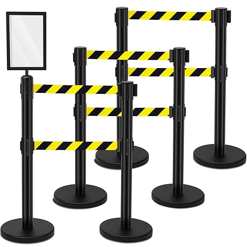 Therwen 6 Pcs Crowd Control Stanchions Set, Double Retractable Safety