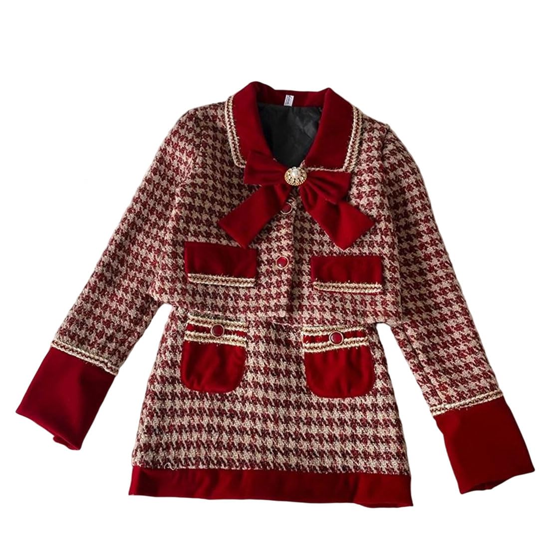 Women Winter Elegant Tweed Plaid Skirt Sets Pearl Bow Woolen Jackets Mini Skirts Suit