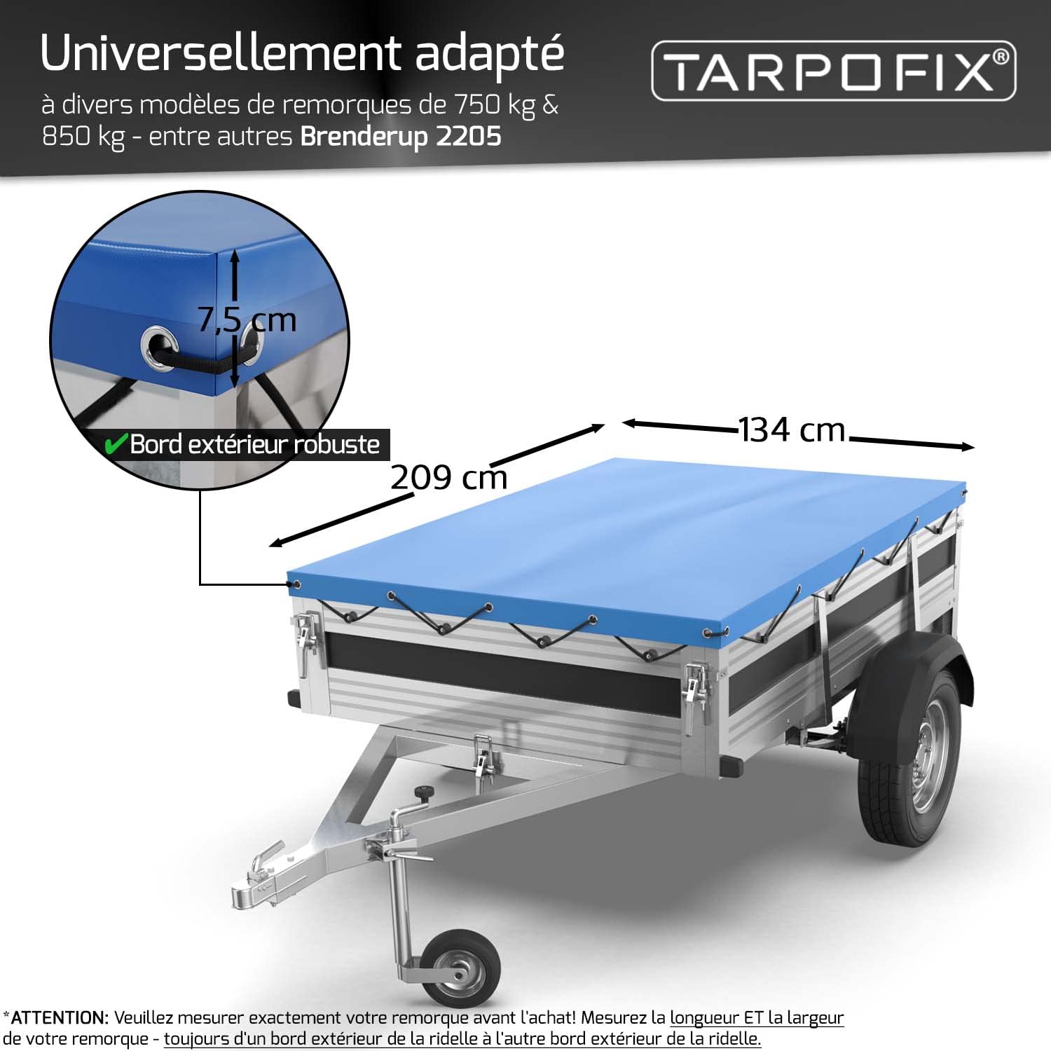 Tarpofix® Bâche pour remorque Plate 209 x 134 x 7,5 cm + 2X Arceau de bâche (réglable 100-145 cm) - Bache remorque PVC - Bâche de Couverture pour diverses remorques de Voitures de 750kg