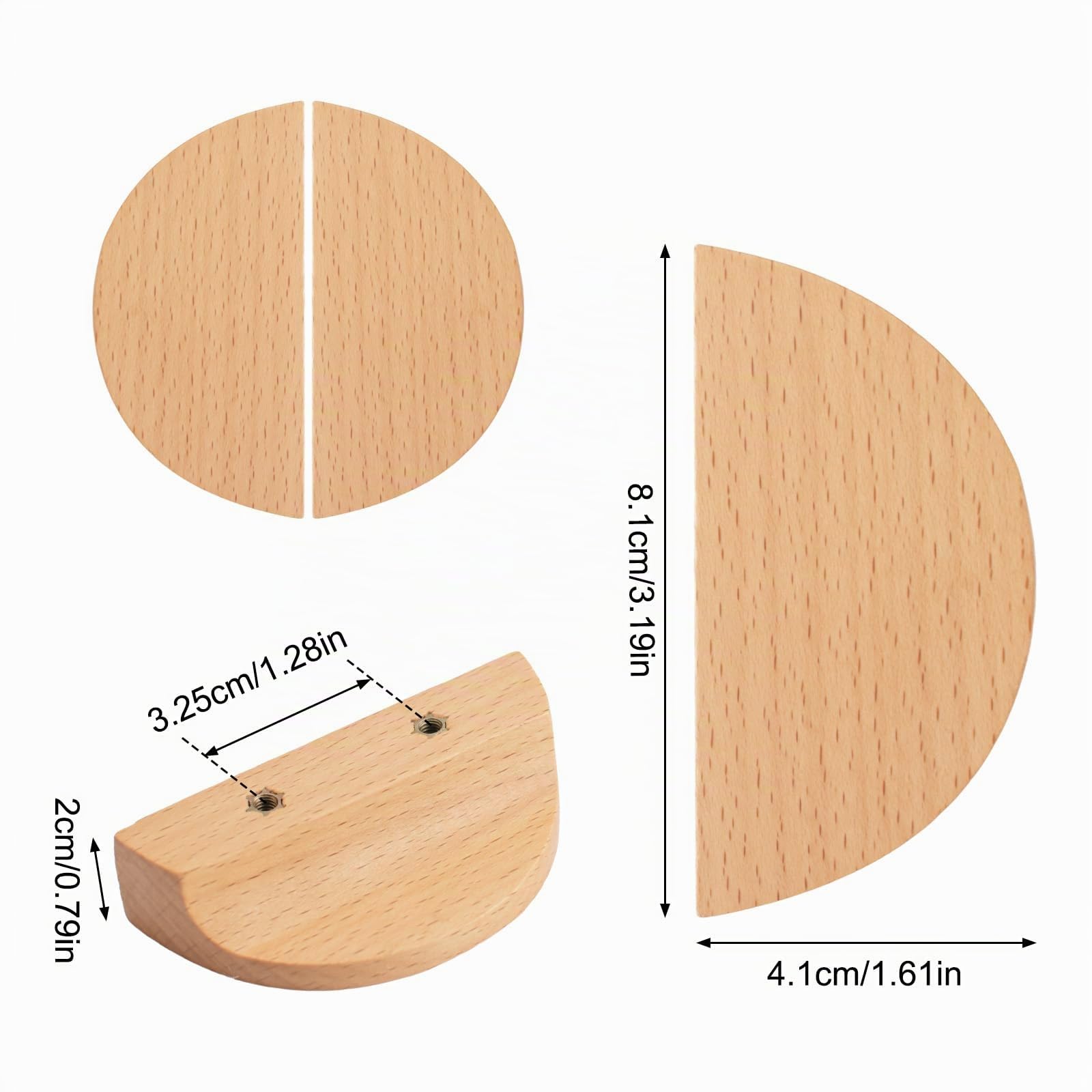 MOROBOR - Tiradores de cajón en forma de media luna, 4 piezas de madera semicircular en madera de haya, herrajes de cajón de armario doble orificio para armario con cajones