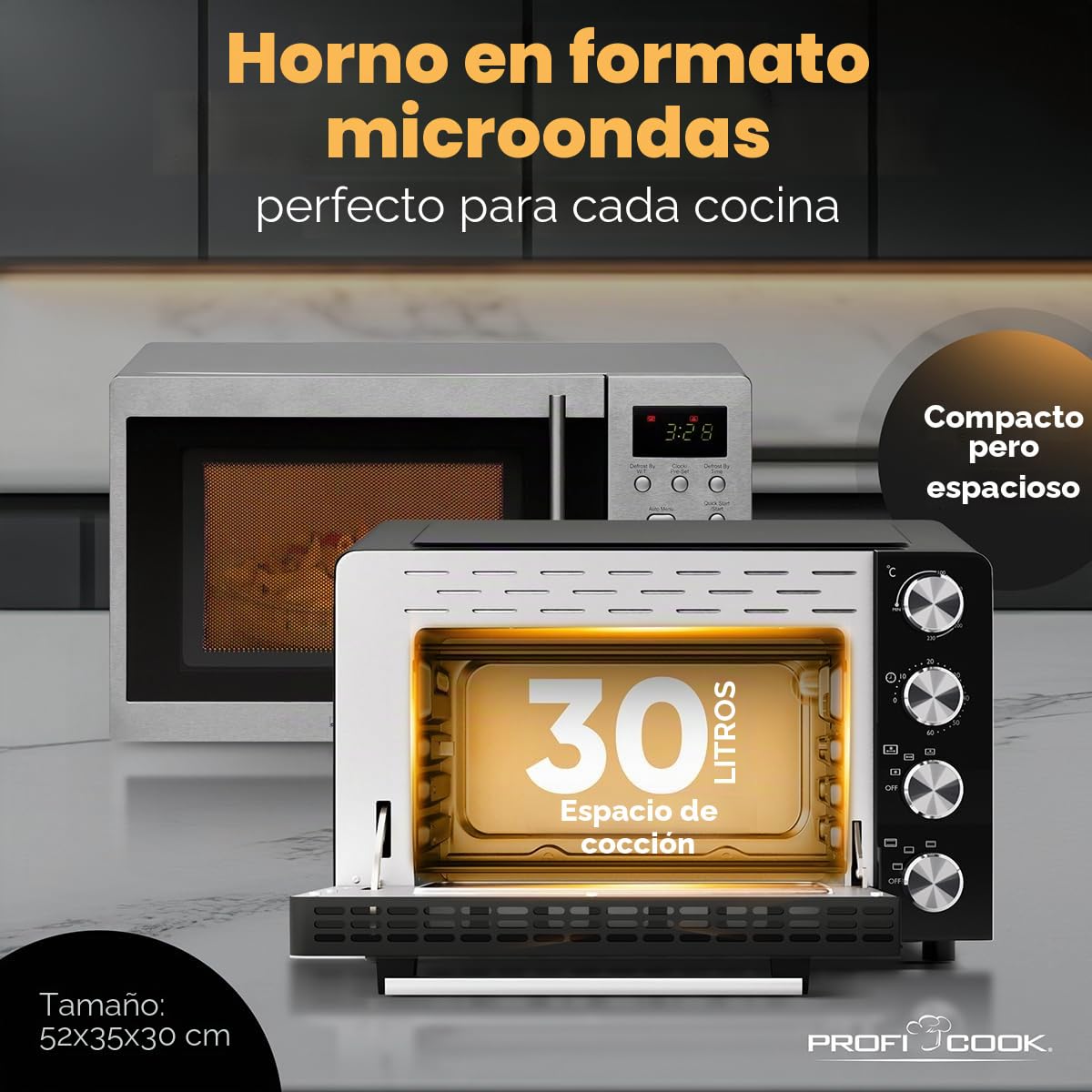 Mini horno ProfiCook 30L | Convección + calor arriba/abajo | Mini horno con asador y piedra para pizza | 100°C - 230°C | Mini horno con convección y temporizador | Horno pequeño 1500W | PC MBG 1277