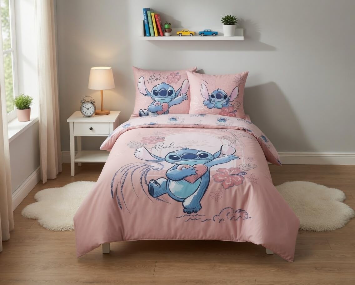 Stitch Rose Aloha Housse de Couette 140x200 + Taie 65x65 100% Coton Boutons | Parure de lit réversible 1 personne | Coton naturel Oeko-Tex | Disney | Fermeture boutons | Cadeau | Lavable en machine