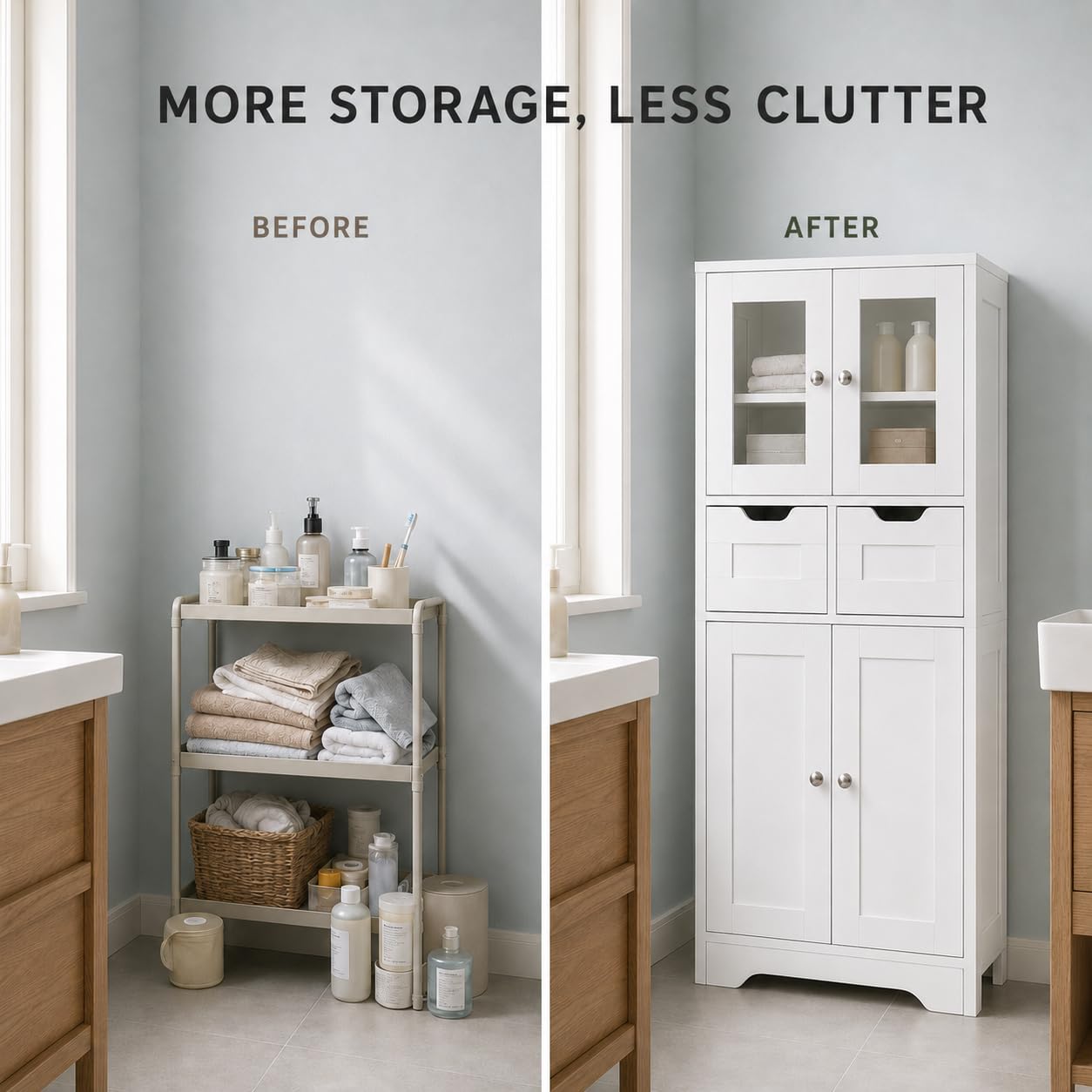 Mueble Columna de Baño Blanco, 30 cm de Fondo, 2 Cajones, 128 cm de Alto | Armario auxiliar para baño con 2 puertas de vidrio, 2 puertas opacas y 2 estantes regulables en 3 alturas.