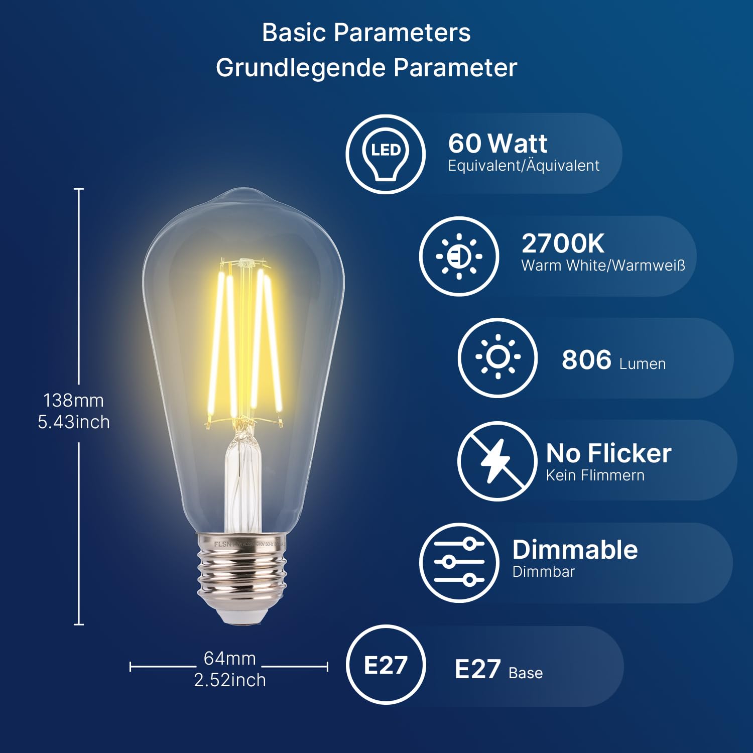 FLSNT Dimmerabile Vintage LED Lampadine Edison E27, ST64 Retro LED filamento Lampen, 7W (equivalenti a 60W), Bianco caldo 2700K, 806 Lumen, Vetro Trasparente, Confezione da 6