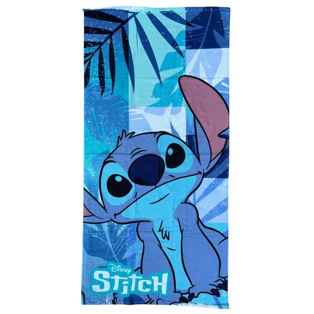 CARTOON Stitch Beach Towel Blue/Green 70 x 140 cm Microfibre 100% Polyester 245 gsm Absorbent and Quick Drying Lightweight and Compact Ideal for Beach and Pool Disney Tropical Design