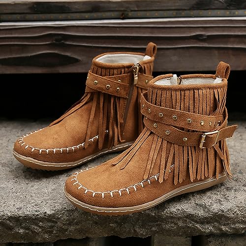 Womens Moccasins Fringe Ankle Boots Retro Suede Leather Tassel Studded Moccasins Shoes Non Slip Flat Heel Fall Winter Casual Fashion Booties with Zipper2
