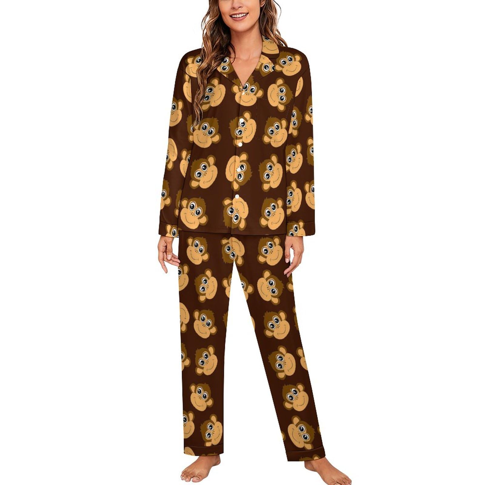 Qjjinxior Sleepwear,Monkey Pattern Pyjama Sets,Women Long Sleeve Loungewear with Pockets