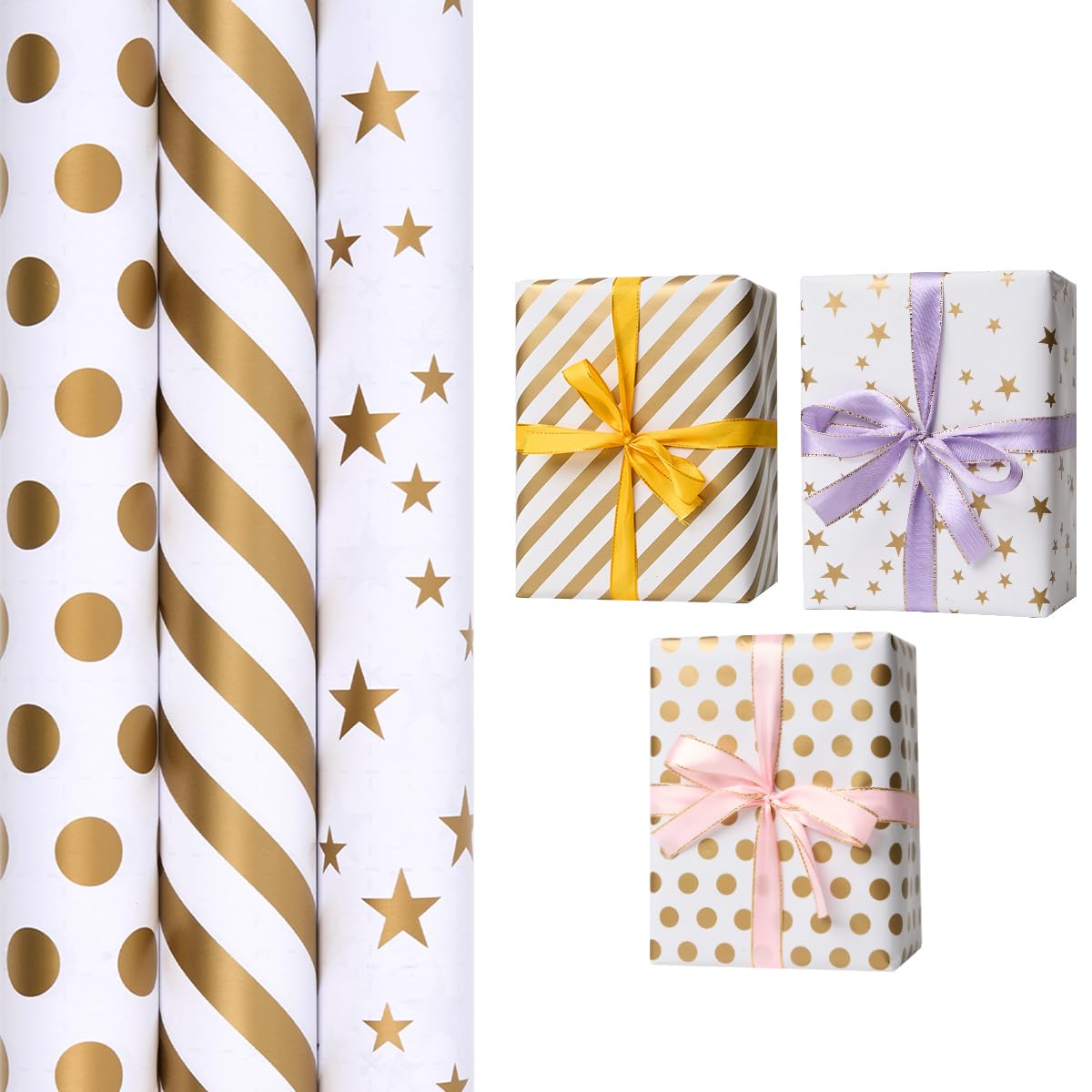 3 Rolls Gift Wrapping Paper, Christmas Wrapping Paper White Paper Printed with Gold Star Polka Dot Stripe for Birthday, Wedding Gift Wrapping - 43cm x 3M