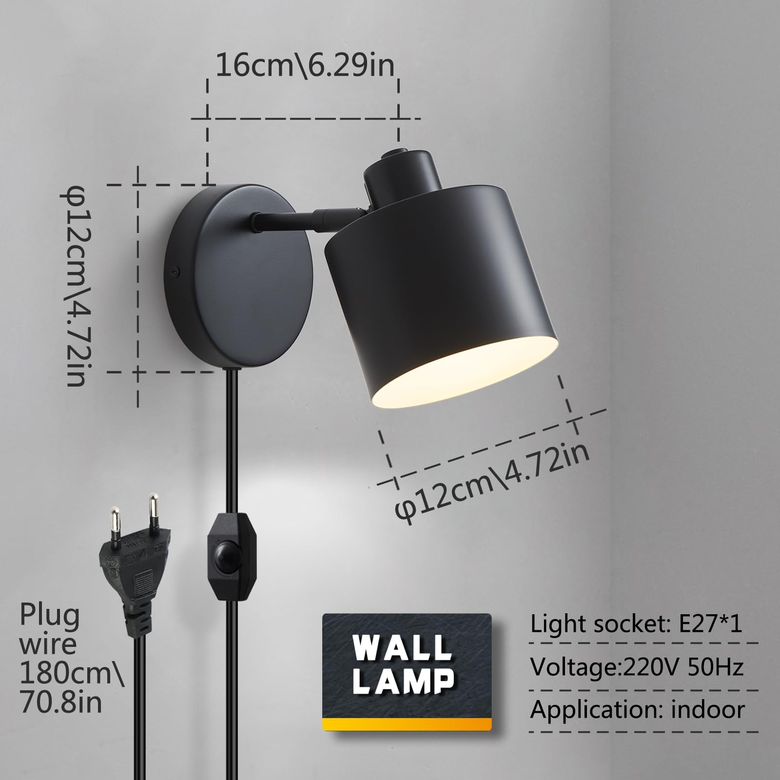 Wandlampe mit Stecker Dimmbarem Schalter, Schwarze Wandleuchte Innen mit 360° Drehbar, E27 Wandleuchte Industrial 60W Wandstrahler Innen für Wohnzimmer Schlafzimmer Flur