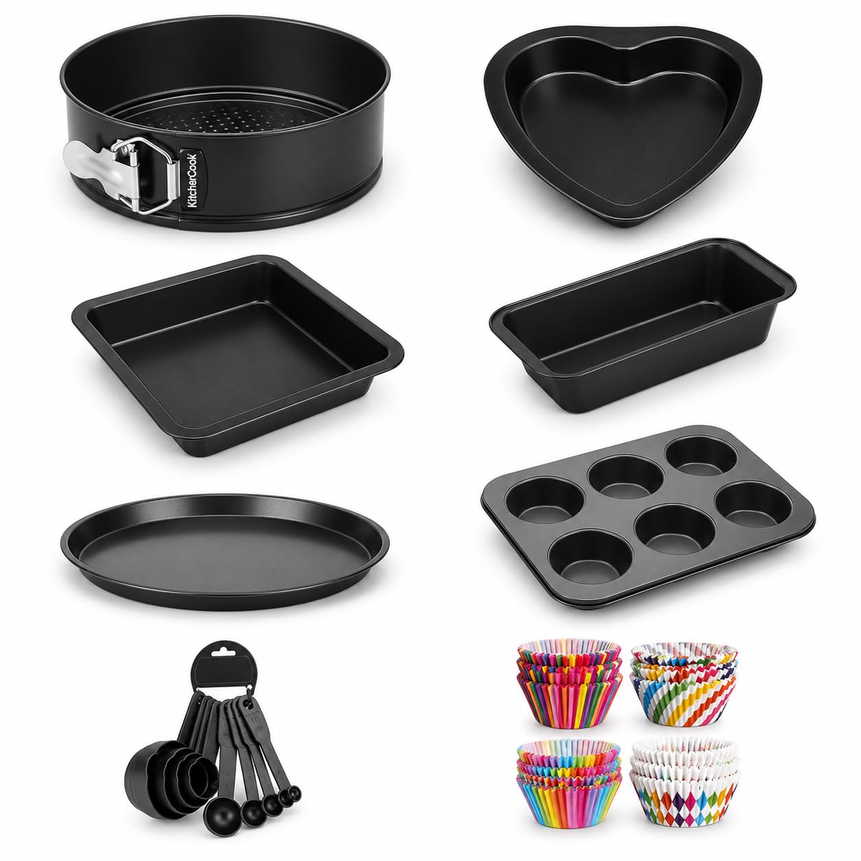 Xacton Juego de moldes para tartas 8 en 1, combo de redondos, corazones, cuadrados, moldes de cuentas, bandeja para pizza, bandeja para magdalenas de 6 ranuras, forros para tazas de pastel y tazas