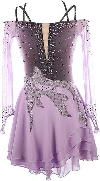 Figure Skating Dress for ladies Graceful Open Back Sheer Long Sleeve Women Competition Dance Outfits Rhinestone