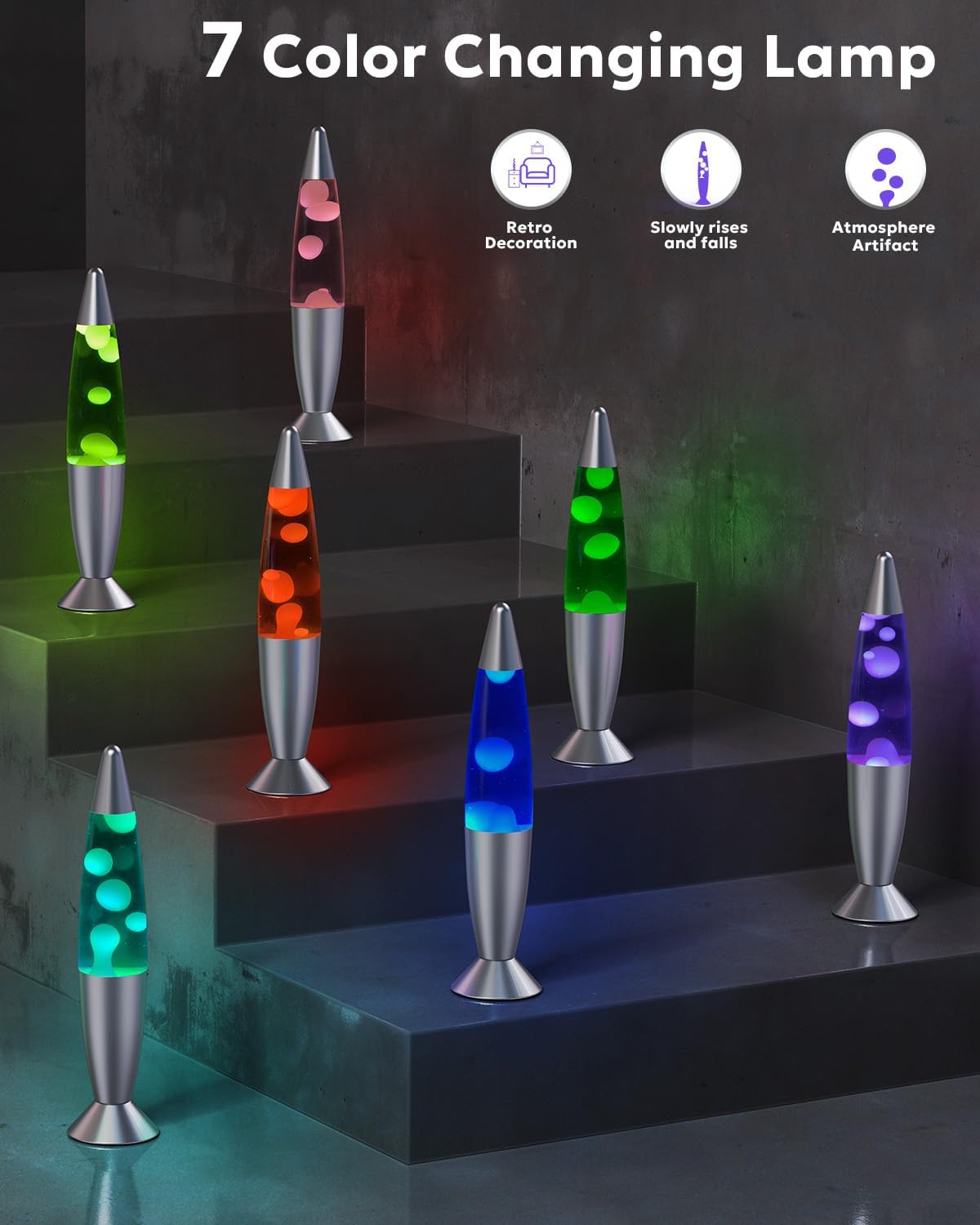 AONESY Lámpara de lava de 7 colores que cambian automáticamente: Lámpara de lava de 34 cm pequeña con cera blanca y líquido blanco | Lámparas de lava azul/rojo/verde | Lámpara de purpurina regalo de