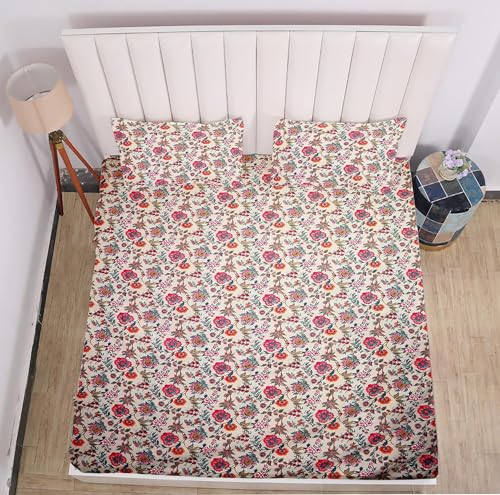 Image of RD TREND Presents Elastic Bedsheets for King Size Bed (78X72X8 Inch),Glace Cotton 210 TC with 2 Pillow Covers(18 X 28 Inch), Color- Beige Pattern-Red Rose Floral