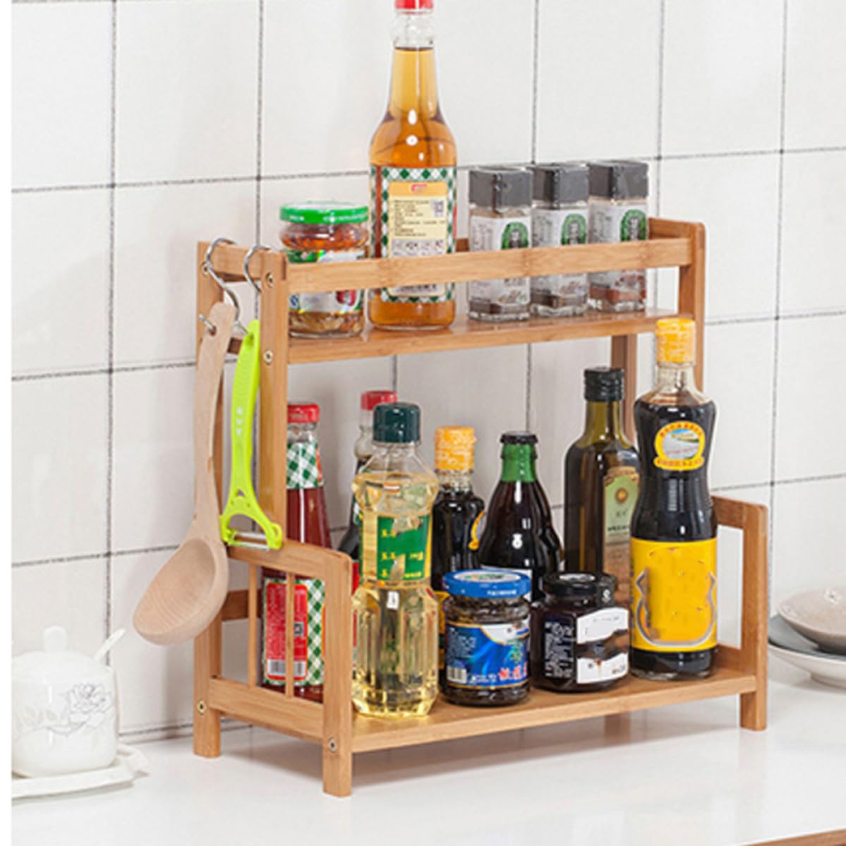 ABOOFAN Organizador de Especias Almacenamiento y Optimización de Espacio de 2 Niveles de Bambú Rejilla para Condimentos para Cocina Adecuado Lugar