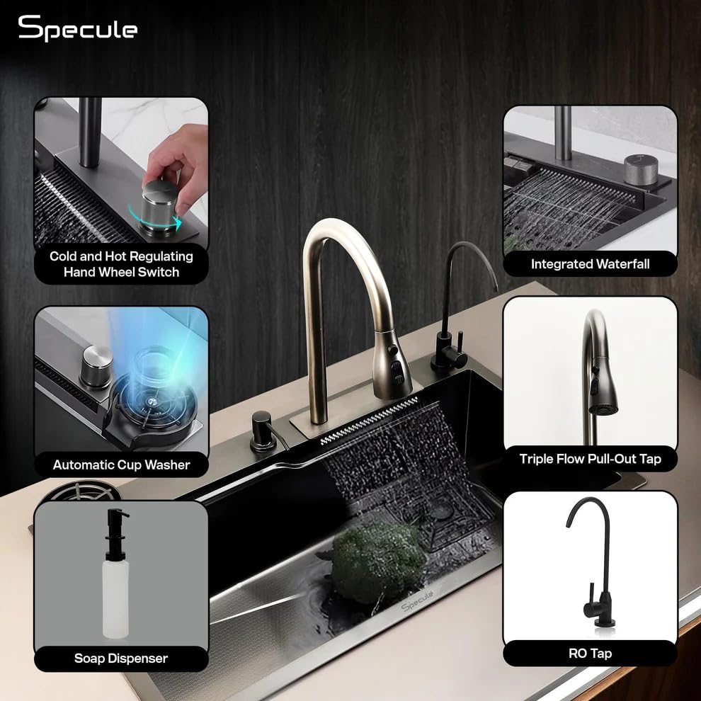 Image of Kitchen Sink 24x18x9 inch Waterfall Sink with Anti Scratch Honeycomb Design | Integrated Waterfall and Pull-down Faucet Set | Stainless Steel Basin Sinks with Cup washer and Drain Baskets