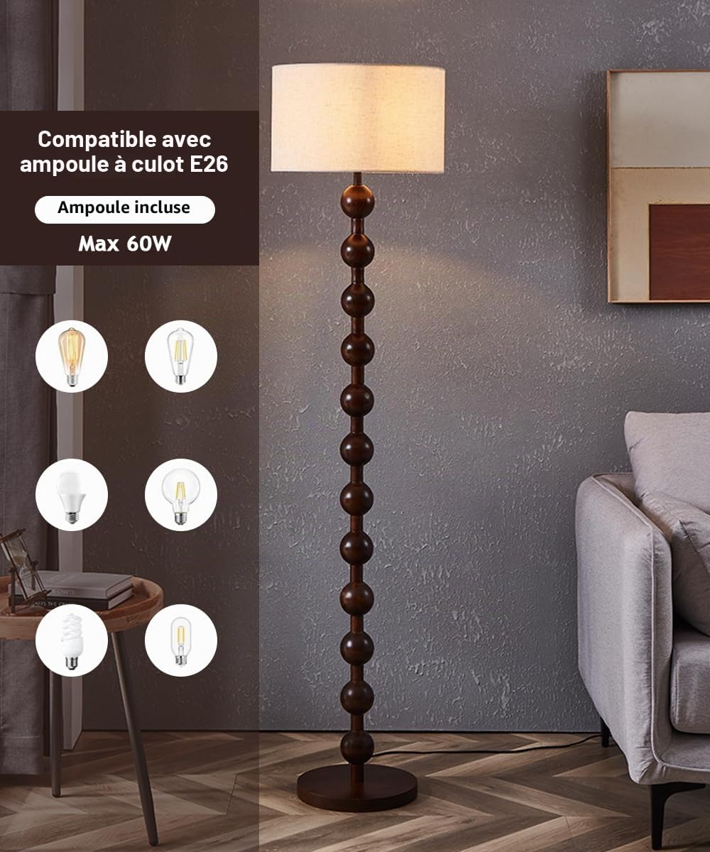 Lampadaire En Lin Wabi-sabi 63" Lampadaire En Fer À Grain De Bois Lampe Sur Pied Sphérique Couleur Noyer Avec E26 Lampe Ronde En Tissu À Intensité Variable Pour Salon Chambre