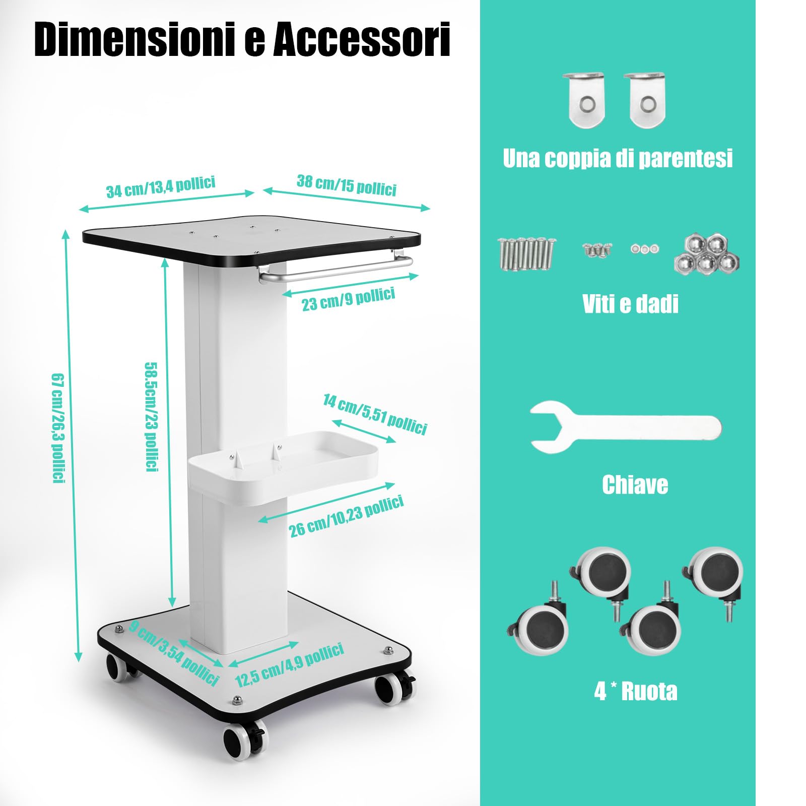 Beauty Salon Trolley portatile con vano portaoggetti e ruota del freno spa salone barbiere carrello per parrucchieri salone di bellezza, spa, carro medico, carrello multifunzione