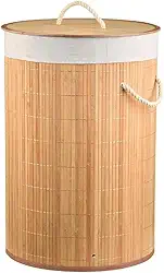 Cesto de Roupa Bambu com Tampa 50L Alças Reforçadas Forro Removível e Lavável 61x36cm