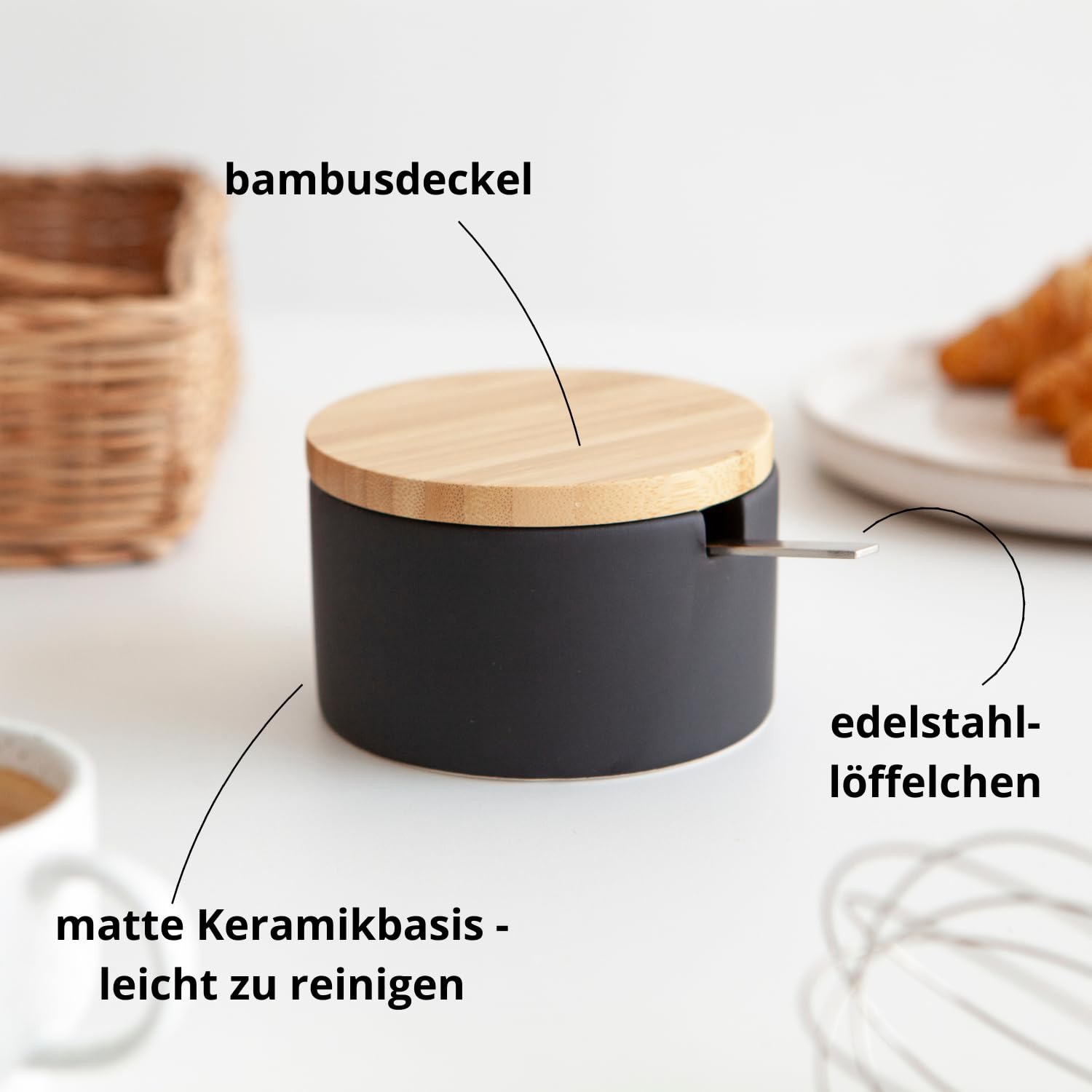 Keramik Zuckerdose mit Löffel und Deckel aus Bambus -Zuckerlöffel für Haus und Küche, moderne Kugelform, für Zucker, Käse, Gewürze, 12.5 x 10 x 6.5 cm, Schwarz